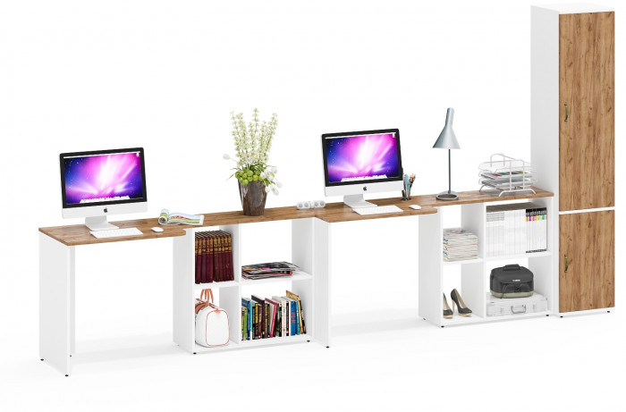 Лидер-8 Стол + Стол + Пенал МД 21Б, цвет белый шагрень/крафт золото, ШхГхВ 370х50/37,5х75/190 или 230х120/50х75/190 см., НЕ универсальная сборка