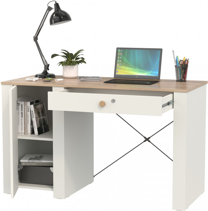 Джастин 12.154 Стол письменный, цвет белый шагрень/дуб белый эксклюзив, ШхГхВ 126,2х54,8х75,3 см., универсальная сборка