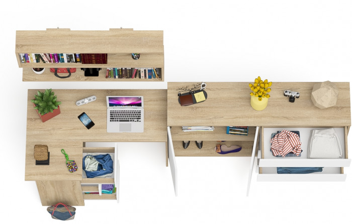 Мори компьютерный стол МС-16 левый + Комод МК1600.1 + Полка 1200, дуб сонома/белый