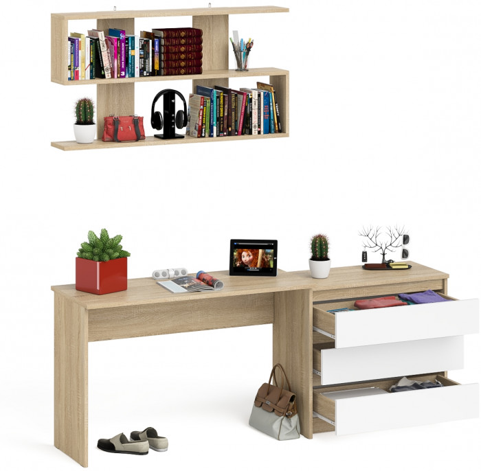 Мори Стол письменный МСП1200.1 + Комод МК800.1 + Полка 1200, цвет дуб сонома/белый, ШхГхВ 200,8х50х209,6 см., универсальная сборка