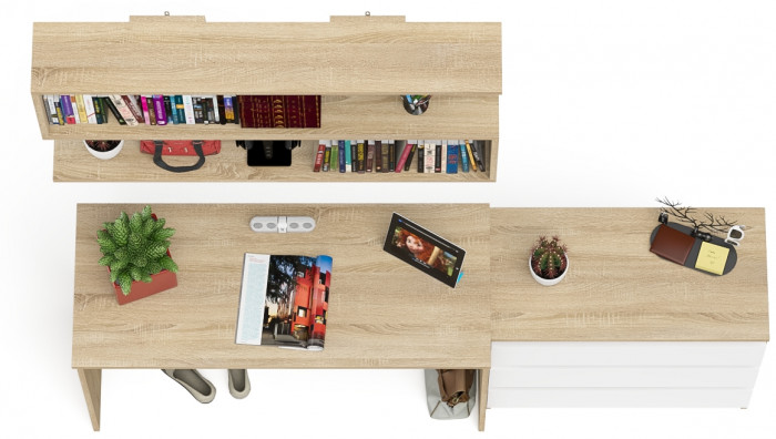 Мори Стол письменный МСП1200.1 + Комод МК800.1 + Полка 1200, цвет дуб сонома/белый, ШхГхВ 200,8х50х209,6 см., универсальная сборка