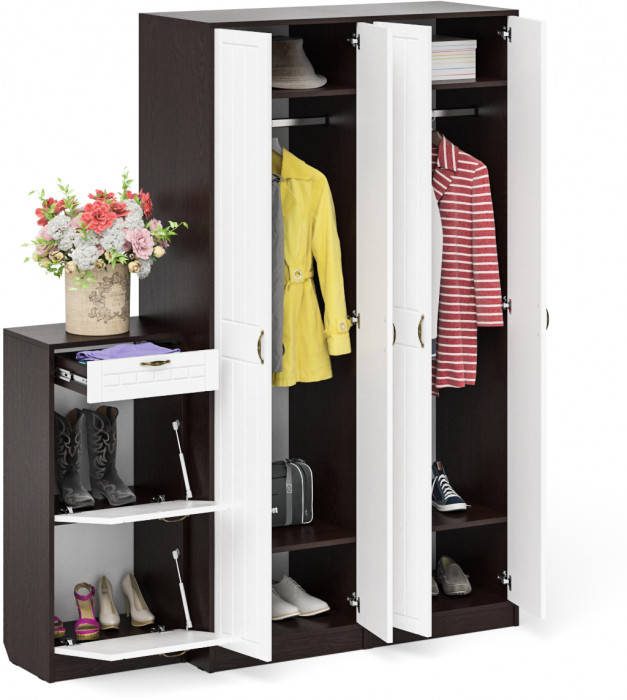 Прихожая П-6 Компоновка № 13, цвет венге/фасады МДФ белое дерево фрезеровка прованс, ШхГхВ 170х50х210 см., универсальная сборка