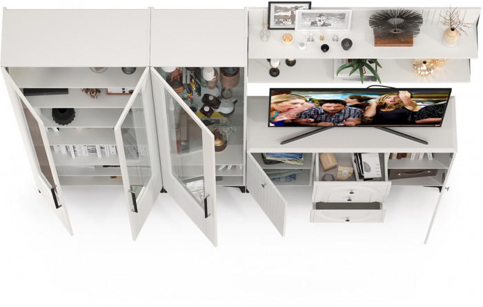 Валенсия Гостиная № 116, цвет ЛДСП белый шагрень/МДФ белый шагрень, ШхГхВ 272,3х38,4х225,2 см., универсальная сборка