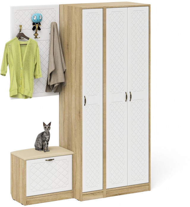 Прихожая П-6 Компоновка № 47, цвет дуб сонома/фасады МДФ белое дерево фрезеровка ромб, ШхГхВ 150х50х210 см., универсальная сборка