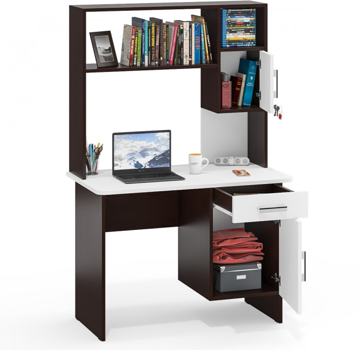 Стол письменный с надстройкой С-МД-1-09Н, цвет венге/белый шагрень, ШхГхВ 105х57х162 см., НЕ универсальная сборка