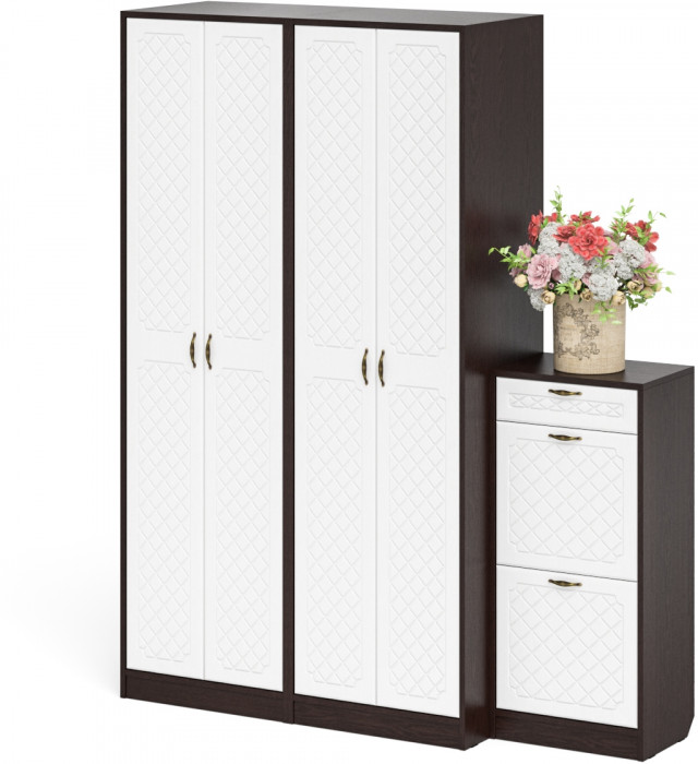 Прихожая П-6 Компоновка № 13, цвет венге/фасады МДФ белое дерево фрезеровка ромб, ШхГхВ 170х50х210 см., универсальная сборка