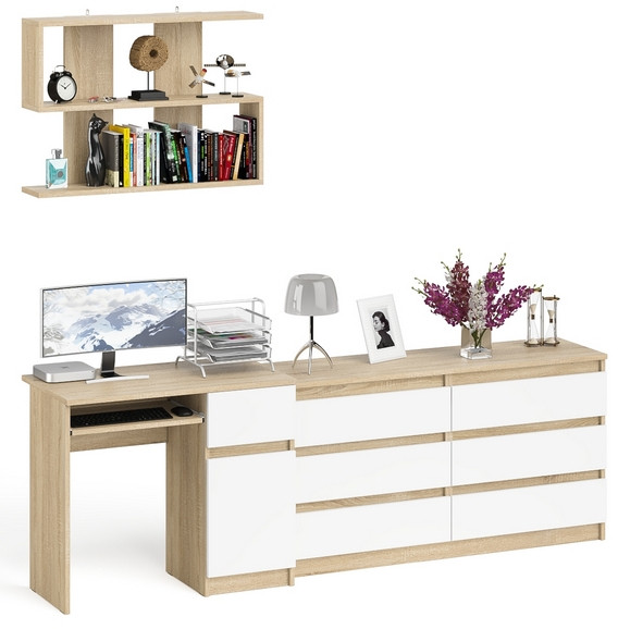 Мори компьютерный стол МС-1 правый + Комод МК1380.6 + Полка 900, дуб сонома/белый