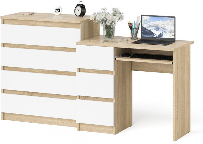 Мори компьютерный стол МС-6 левый + Комод МК800.4, дуб сонома/белый