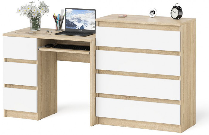 Мори компьютерный стол МС-6 левый + Комод МК800.4, дуб сонома/белый