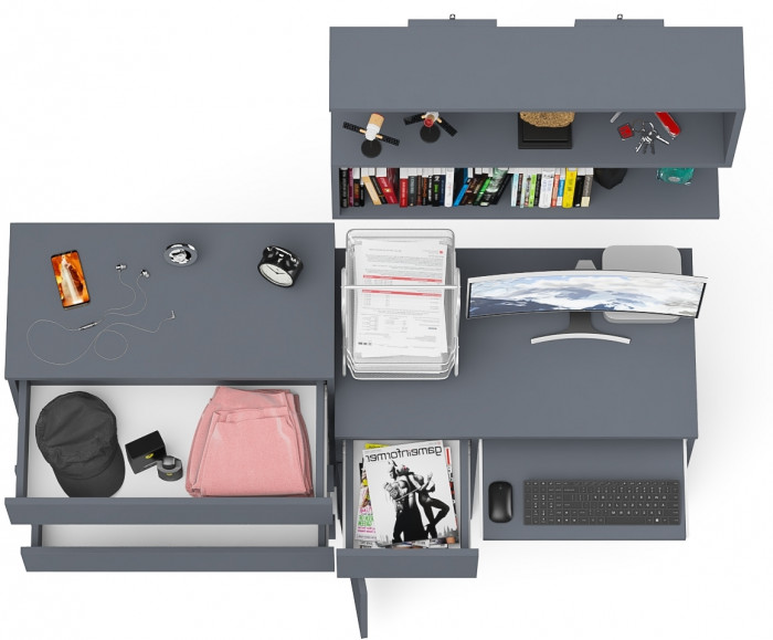 Мори Стол компьютерный МС-1 левый + Комод МК800.4 + Полка 900, цвет графит, ШхГхВ 170,4х50х209,6 см., НЕ универсальная сборка