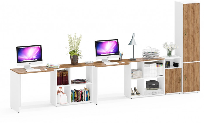 Лидер-8 Стол + Стол + Пенал МД 22Б + Тумба МД 3.19, цвет белый шагрень/крафт золото, ШхГхВ 410х50/37,5х75/190 или 230х160/50х75/190 см., НЕ ун. сб.