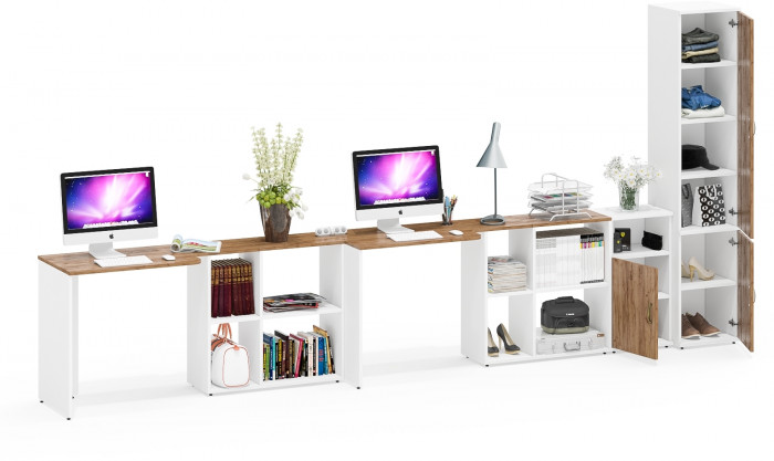 Лидер-8 Стол + Стол + Пенал МД 22Б + Тумба МД 3.19, цвет белый шагрень/крафт золото, ШхГхВ 410х50/37,5х75/190 или 230х160/50х75/190 см., НЕ ун. сб.