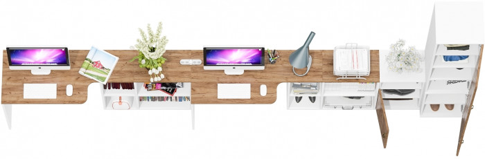 Лидер-8 Стол + Стол + Пенал МД 22Б + Тумба МД 3.19, цвет белый шагрень/крафт золото, ШхГхВ 410х50/37,5х75/190 или 230х160/50х75/190 см., НЕ ун. сб.