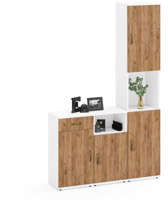 Лидер-8 Пенал + Тумба МД 3.15 + Тумба МД 3.19, цвет белый шагрень/крафт золото, ШхГхВ 120х30х190 см., универсальная сборка