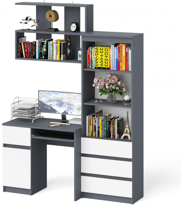 Мори Стол компьютерный МС-1 левый + Стеллаж МСТ600.3 + Полка 900, цвет графит/белый, ШхГхВ 150,4х50х209,6 см., НЕ универсальная сборка