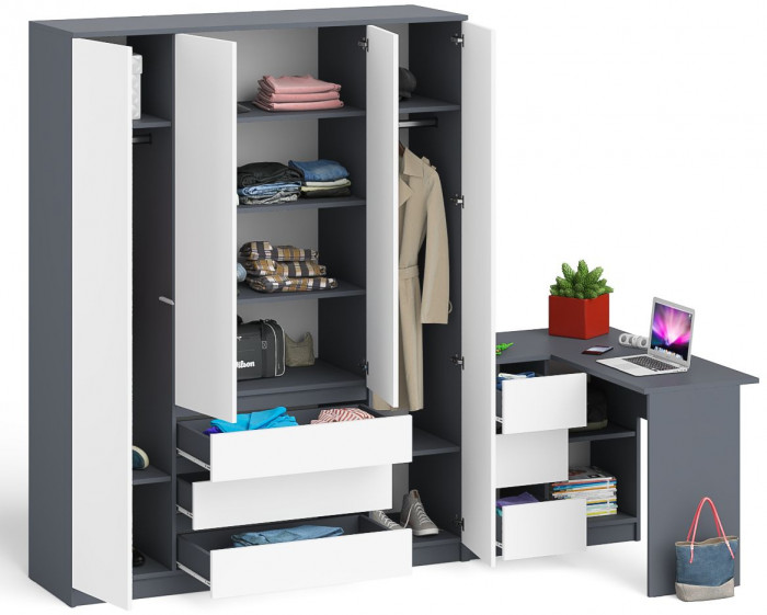 Мори Стол компьютерный МС-16 левый + Шкаф МШ1600.1, цвет графит/белый, ШхГхВ 284,8х84,9х209,6 см., выдвижные ящики слева, НЕ универсальная сборка