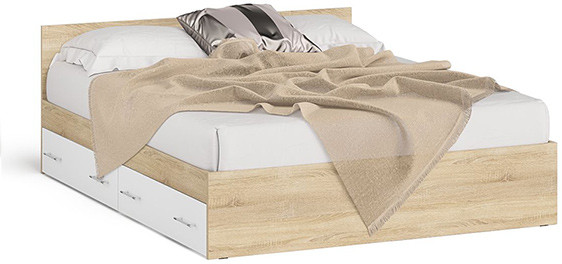 Мори Кровать с ящиками 1600, цвет дуб сонома/белый, ШхГхВ 163,5х203,5х70 см., сп.м. 1600х2000 мм., без матраса, основание есть