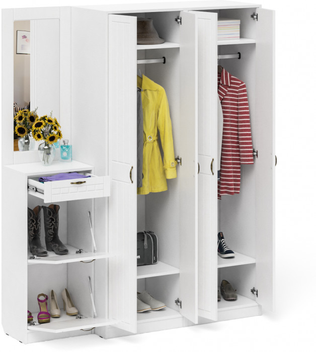 Прихожая П-6 Компоновка № 14, цвет белая шагрень/фасады МДФ белое дерево фрезеровка прованс, ШхГхВ 170х50х210 см., универсальная сборка