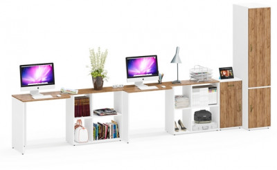 Лидер-8 Стол + Стол + Пенал МД 23Б + Тумба МД 3.15, цвет белый шагрень/крафт золото, ШхГхВ 410х50х75/190 или 230х160/50х75/190 см., НЕ ун. сб.