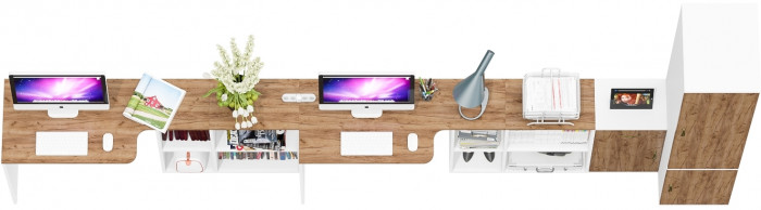 Лидер-8 Стол + Стол + Пенал МД 23Б + Тумба МД 3.15, цвет белый шагрень/крафт золото, ШхГхВ 410х50х75/190 или 230х160/50х75/190 см., НЕ ун. сб.