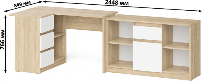 Мори Стол компьютерный МС-16 левый + Тумба МТВ1204.1, цвет дуб сонома/белый, ШхГхВ 244,8х84,9х76,6 см., выдвижные ящики слев, НЕ универсальная сборкаа