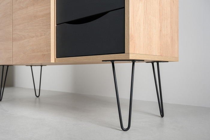 Брюс два Стола 12.157 + два Комода 16.233, цвет чёрный/Battle rock Santiago/столешница МДФ ель карпатская, 486,8х62,6(38,3)х75(85,6) см., ун. сб.