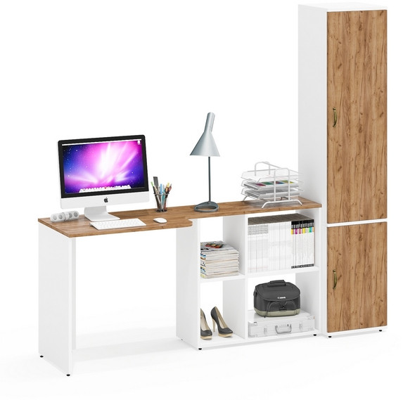 Лидер-8 Стол + Пенал МД 21Б, цвет белый шагрень/крафт золото, ШхГхВ 205х50/37,5х75/190  или 115х50/120х75/190 см., НЕ универсальная сборка