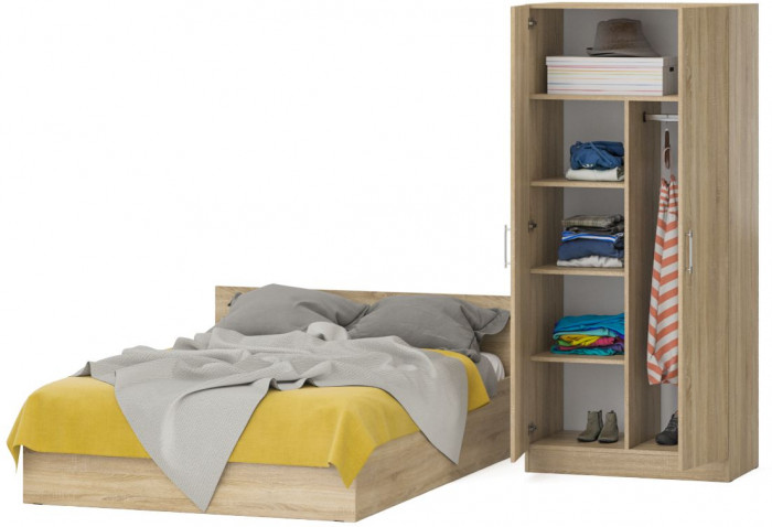 Кровать 1400 + Шкаф 2-х створчатый Стандарт, цвет дуб сонома, ШхГхВ 143,5х203,5х70 + 90х52х200 см., сп.м. 1400х2000 мм., без матраса, основание есть