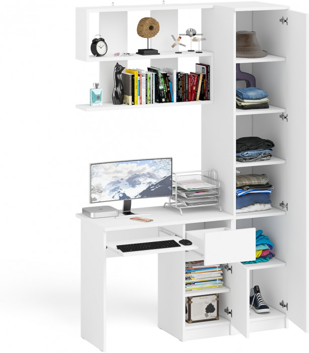 Мори Стол компьютерный МС-1 правый + Пенал МШ400.1 + Полка 900, цвет белый, ШхГхВ 130,4х50,4х209,6 см., НЕ универсальная сборка