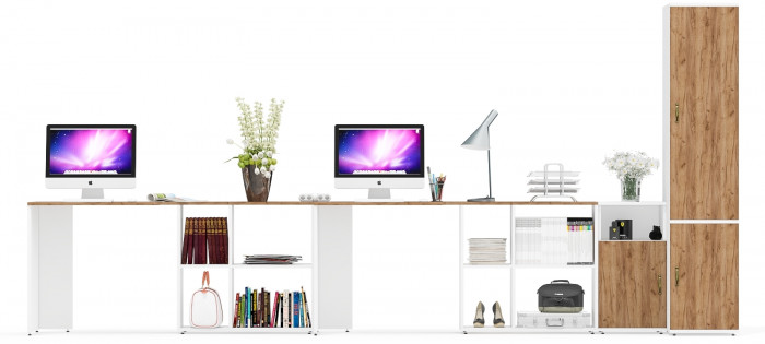 Лидер-8 Стол + Стол + Пенал МД 23Б + Тумба МД 3.19, цвет белый шагрень/крафт золото, ШхГхВ 410х50х75/190 или 230х160/50х75/190 см., НЕ ун. сб.