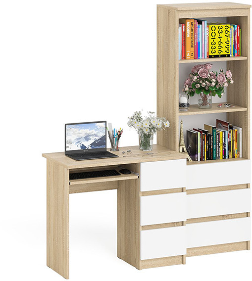Мори Стол компьютерный МС-6 правый + Стеллаж МСТ600.3, цвет дуб сонома/белый, ШхГхВ 150,4х50х179,6 см., выдвижные ящики справа, НЕ универс. сборка