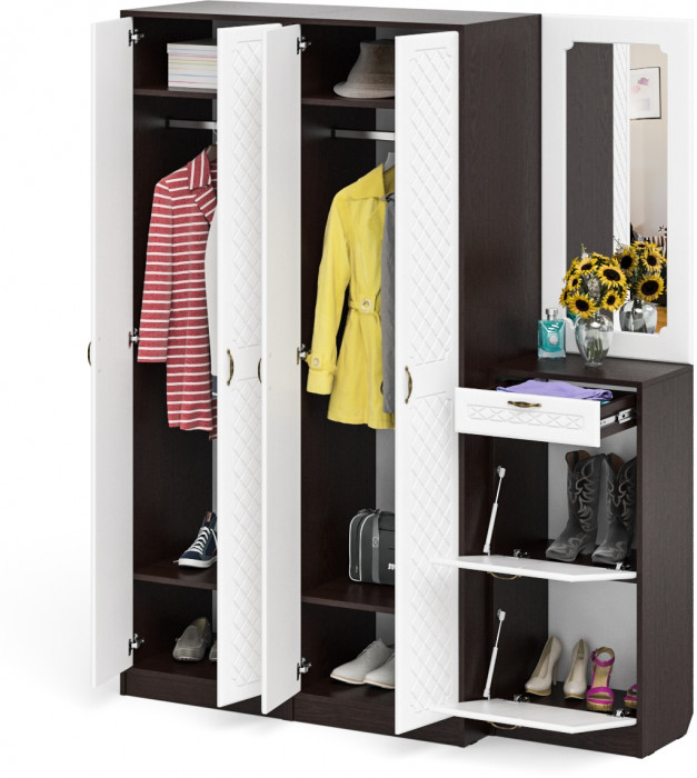 Прихожая П-6 Компоновка № 14, цвет венге/фасады МДФ белое дерево фрезеровка ромб, ШхГхВ 170х50х210 см., универсальная сборка