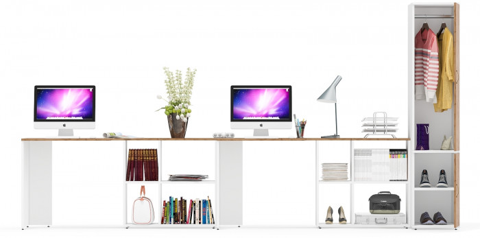 Лидер-8 Стол + Стол + Пенал МД 23Б, цвет белый шагрень/крафт золото, ШхГхВ 370х50х75/190 или 230х120/50х75/190 см., НЕ универсальная сборка