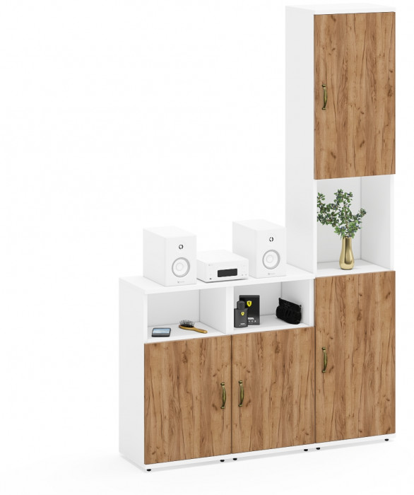 Лидер-8 Пенал + Тумба МД 3.19 + Тумба МД 3.19, цвет белый шагрень/крафт золото, ШхГхВ 120х30х190 см., универсальная сборка