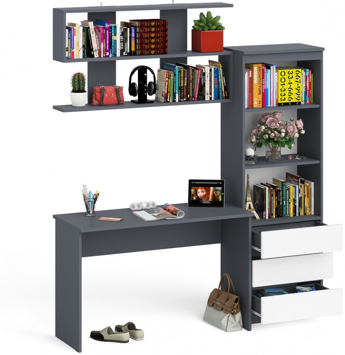 Мори Стол письменный МСП1200.1 + Стеллаж МСТ600.3 + Полка 1200, цвет графит/белый, ШхГхВ 180,8х50х209,6 см., универсальная сборка