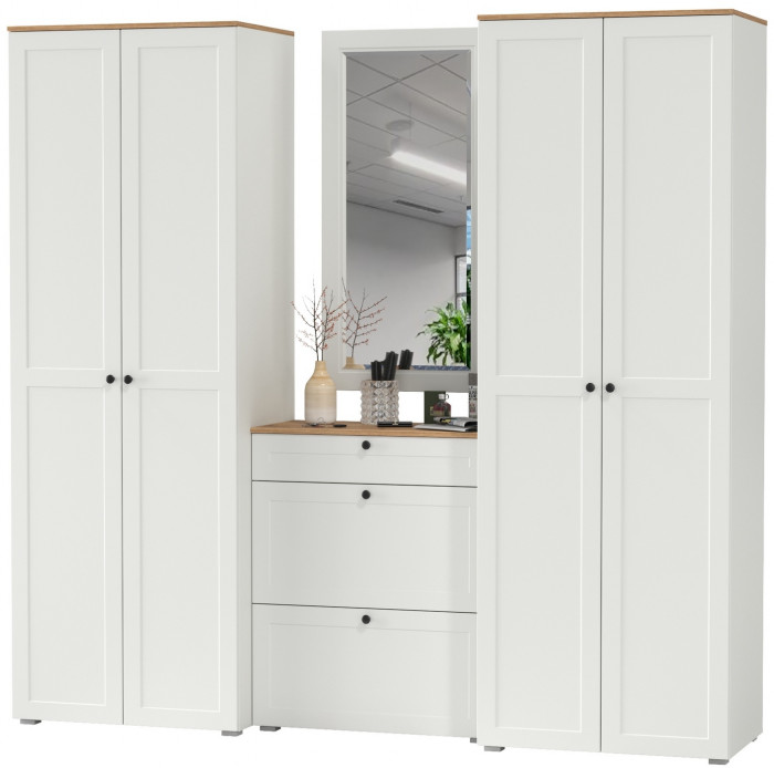 Остин Прихожая 28, цвет белый шагрень/дуб крафт золотой, ШхГхВ 240х54,3х229,6 см., универсальная сборка