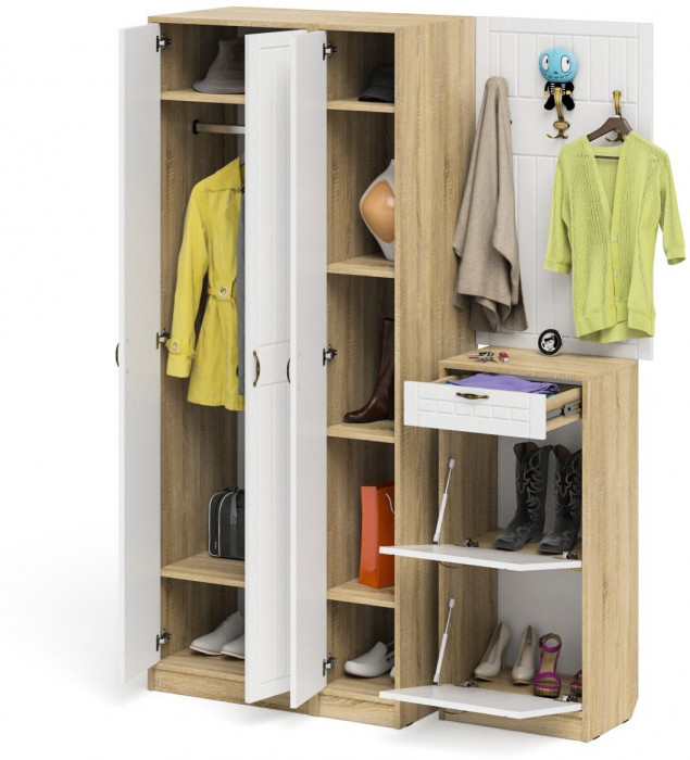 Прихожая П-6 Компоновка № 50, цвет дуб сонома/фасады МДФ белое дерево фрезеровка прованс, ШхГхВ 150х50х210 см., универсальная сборка