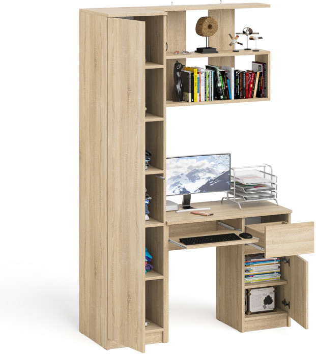 Мори Стол компьютерный МС-1 правый + Пенал МШ400.1 + Полка 900, цвет дуб сонома, ШхГхВ 130,4х50,4х209,6 см., НЕ универсальная сборка