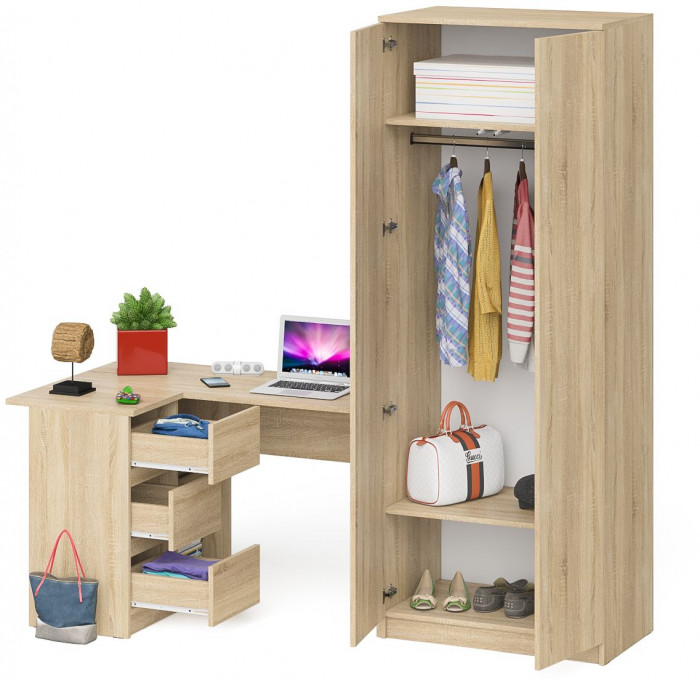 Мори Стол компьютерный МС-16 левый + Шкаф МШ800.1, цвет дуб сонома, ШхГхВ 204,8х84,9х209,6 см., выдвижные ящики слева, НЕ универсальная сборка