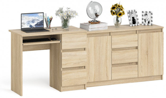 Мори Стол компьютерный МС-6 правый + Комод МК1200.3, цвет дуб сонома, ШхГхВ 210,4х50х76,6 см., выдвижные ящики справа, НЕ универсальная сборка
