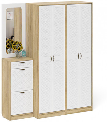 Прихожая П-6 Компоновка № 14, цвет дуб сонома/фасады МДФ белое дерево фрезеровка ромб, ШхГхВ 170х50х210 см., универсальная сборка