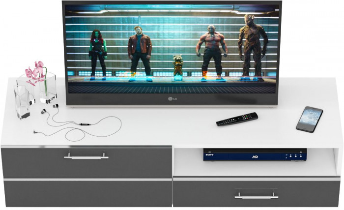 Тумба под ТВ Ларго 1,4, цвет корпус белый/фасады МДФ графитово-серый глянец, ШхГхВ 140х46х35 см., НЕ универсальная сборка