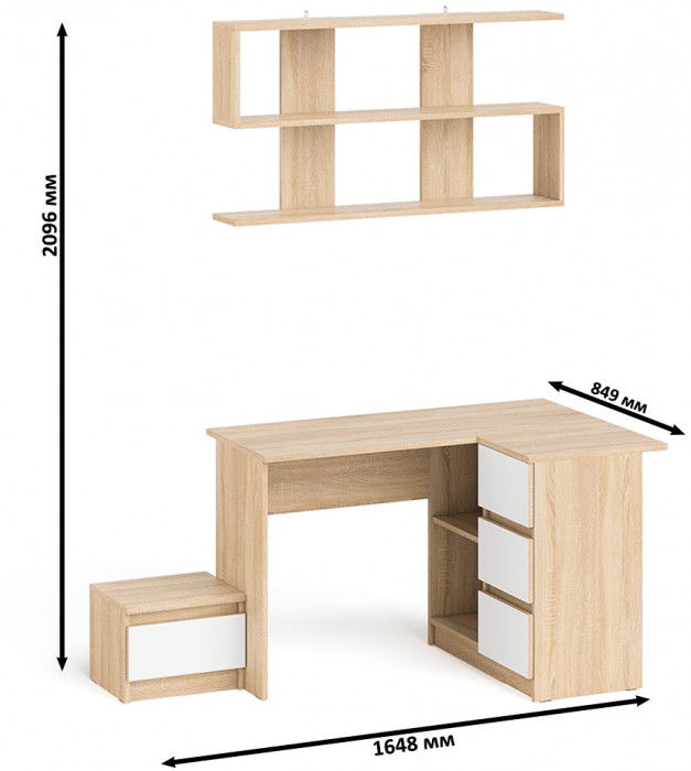 Мори Стол компьютерный МС-16 правый + Тумба ТМП400.1 + Полка 1200, цвет дуб сонома/белый, ШхГхВ 164,8х84,9х209,6 см., НЕ универс. сборка