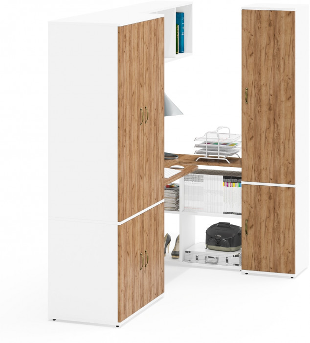 Лидер-8 Шкаф МД 19Б + Стол + Полка + Пенал 21Б, цвет белый шагрень/крафт золото, ШхГхВ 285х50/37,5х75/190 или 195х120х75/190 см., НЕ ун.сб.