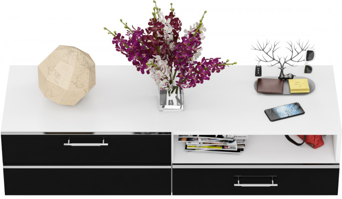 Тумба под ТВ Ларго 1,4, цвет корпус белый/фасады МДФ чёрный глянец, ШхГхВ 140х46х35 см., НЕ универсальная сборка