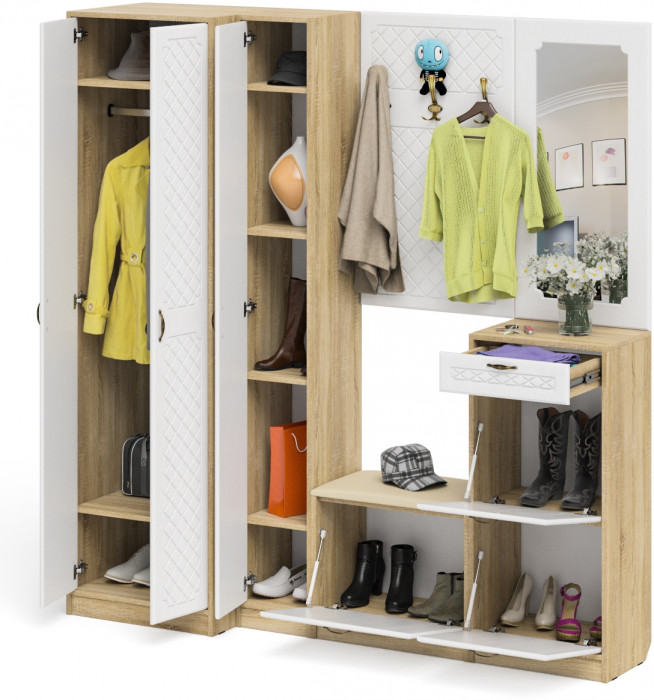 Прихожая П-6 Компоновка № 31, цвет дуб сонома/фасады МДФ белое дерево фрезеровка ромб, ШхГхВ 200х50х210 см., универсальная сборка