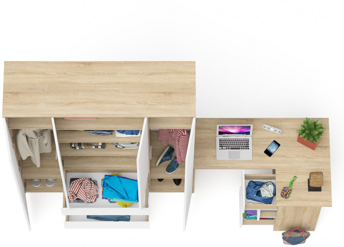 Мори Стол компьютерный МС-16 правый + Шкаф МШ1600.1, цвет дуб сонома/белый, ШхГхВ 284,8х84,9х209,6 см., выдвижные ящики справа, НЕ универс. сборка