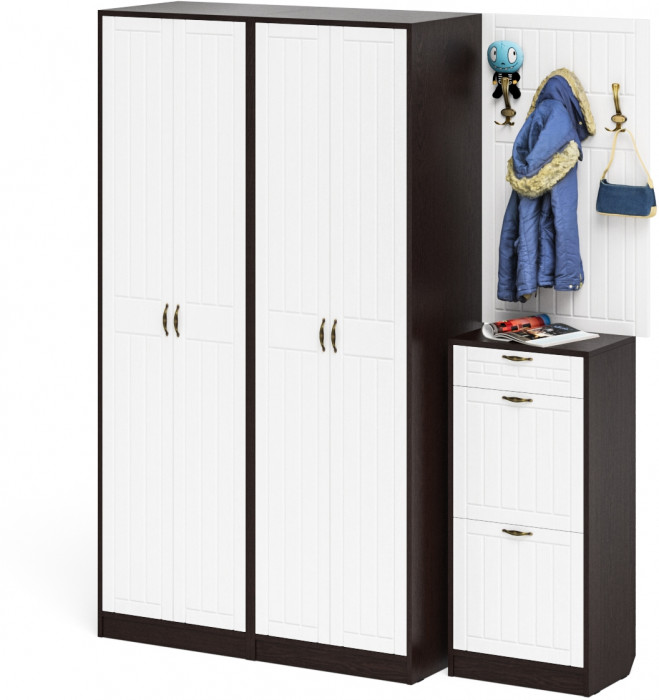 Прихожая П-6 Компоновка № 15, цвет венге/фасады МДФ белое дерево фрезеровка прованс, ШхГхВ 180х50х210 см., универсальная сборка