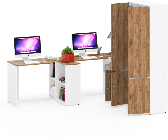 Лидер-8 Стол + Стол + Шкаф МД 20Б + Тумба МД 3.15, цвет белый шагрень/крафт золото, ШхГхВ 450х50/37,5х75/190 или 230х200/50х75/190 см., НЕ ун. сб.