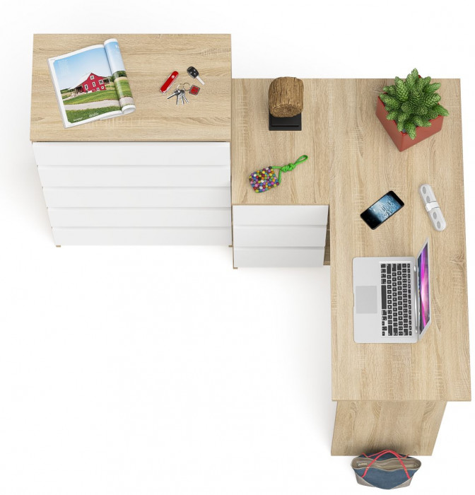 Мори компьютерный стол МС-16 левый + Комод МК700.5, дуб сонома/белый